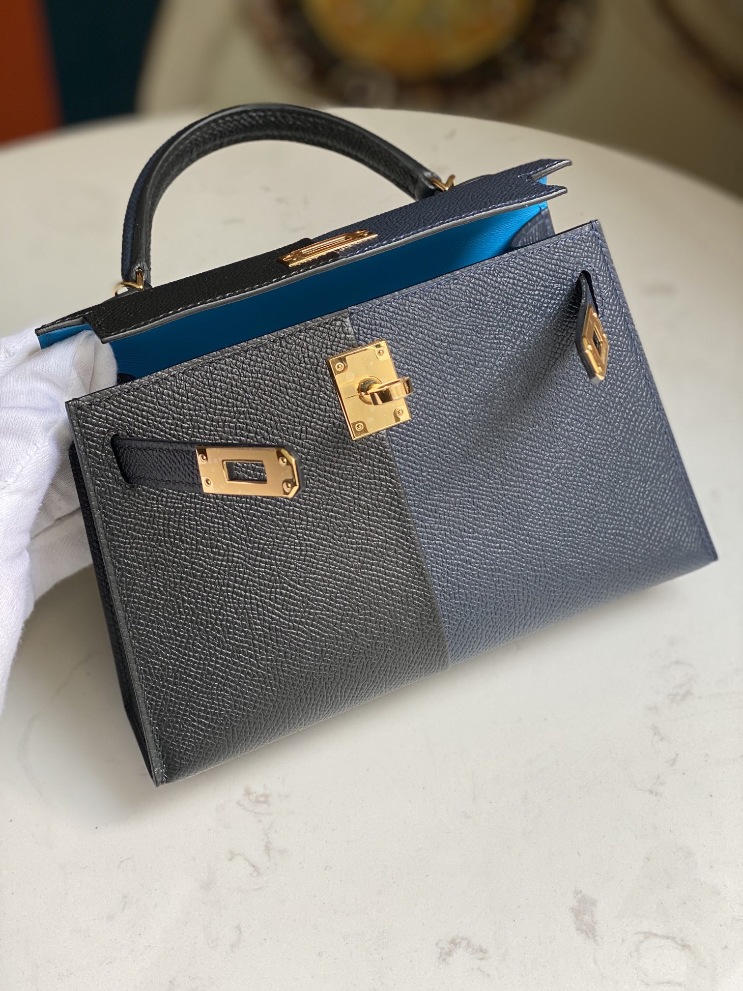 에르메스 미니 켈리백 블랙 미드나잇블루 금장 앱송